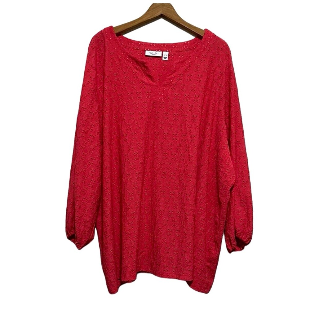 Susan Graver Red Eyelet Long Sleeve Blouse